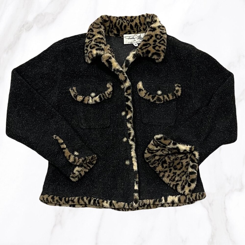 Tasha Polizzi TP Saddleblanket Co Leopard Accent Button Up Sherpa Jacket, Size M